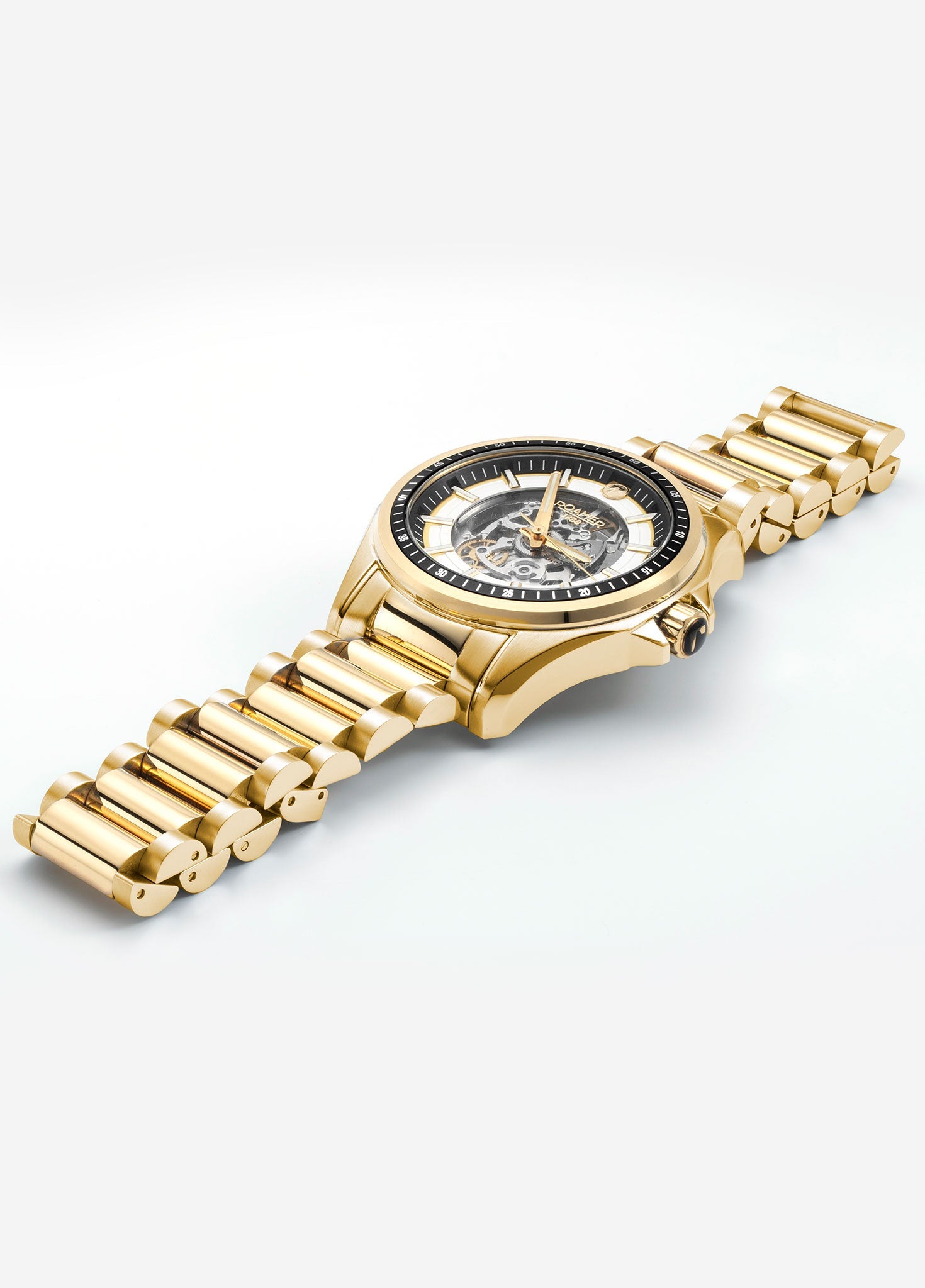 Roamer Rockshell Mark III Skeleton 44mm Men's Automatic Watch – Swiss Made, Gold Stainless Steel, 100m Water Resistance, Sapphire Crystal