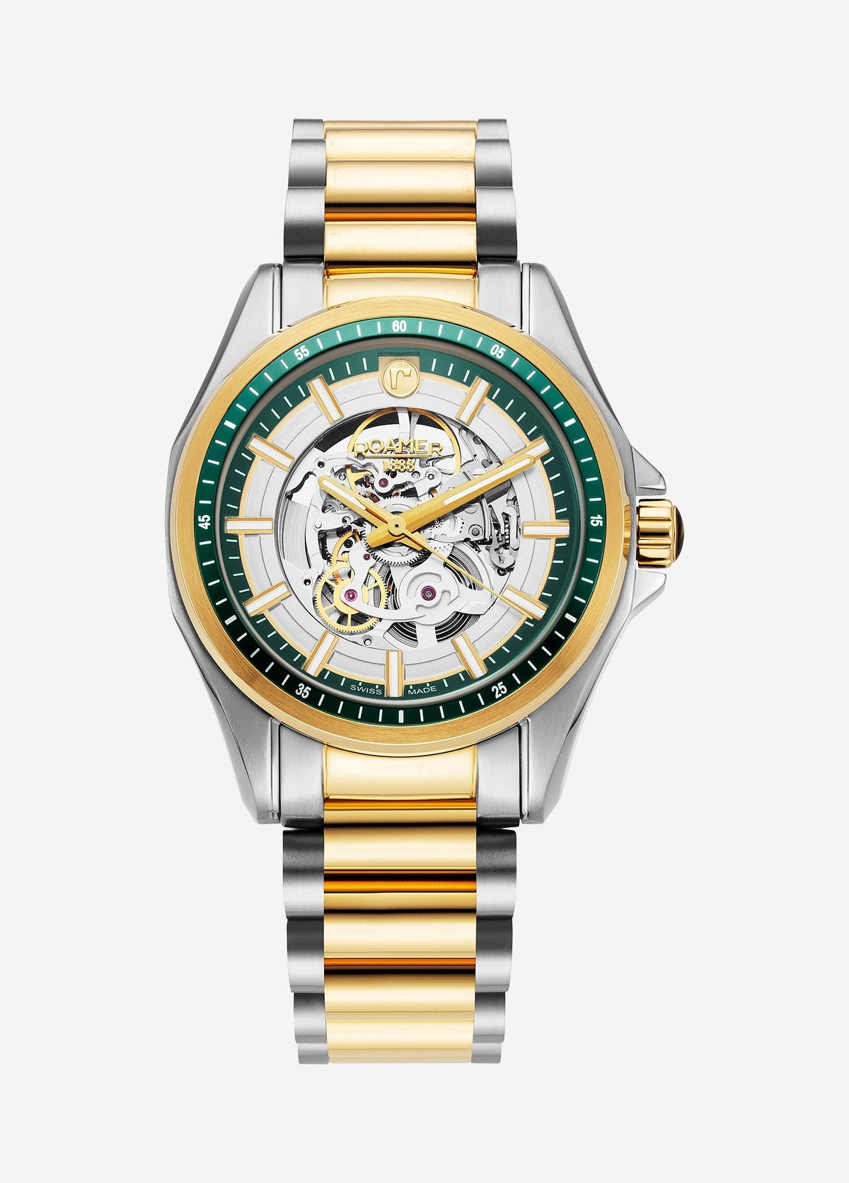 Roamer Rockshell Mark III Skeleton Green Dial – Swiss Made Soprod P024SK Automatic, 44mm Stainless Steel & Gold Case, Sapphire Crystal, 10 ATM Water Resistance