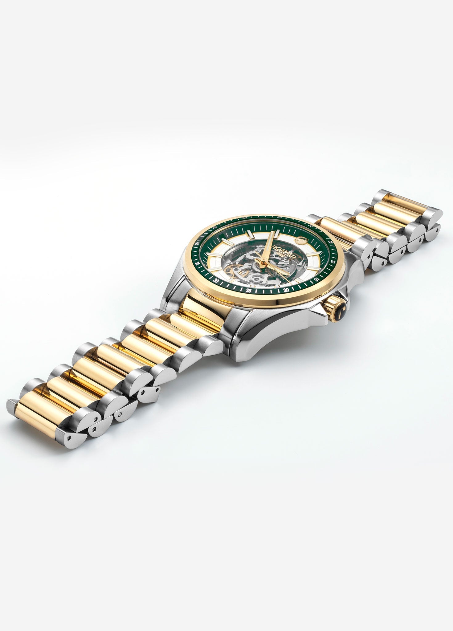 Roamer Rockshell Mark III Skeleton Green Dial – Swiss Made Soprod P024SK Automatic, 44mm Stainless Steel & Gold Case, Sapphire Crystal, 10 ATM Water Resistance