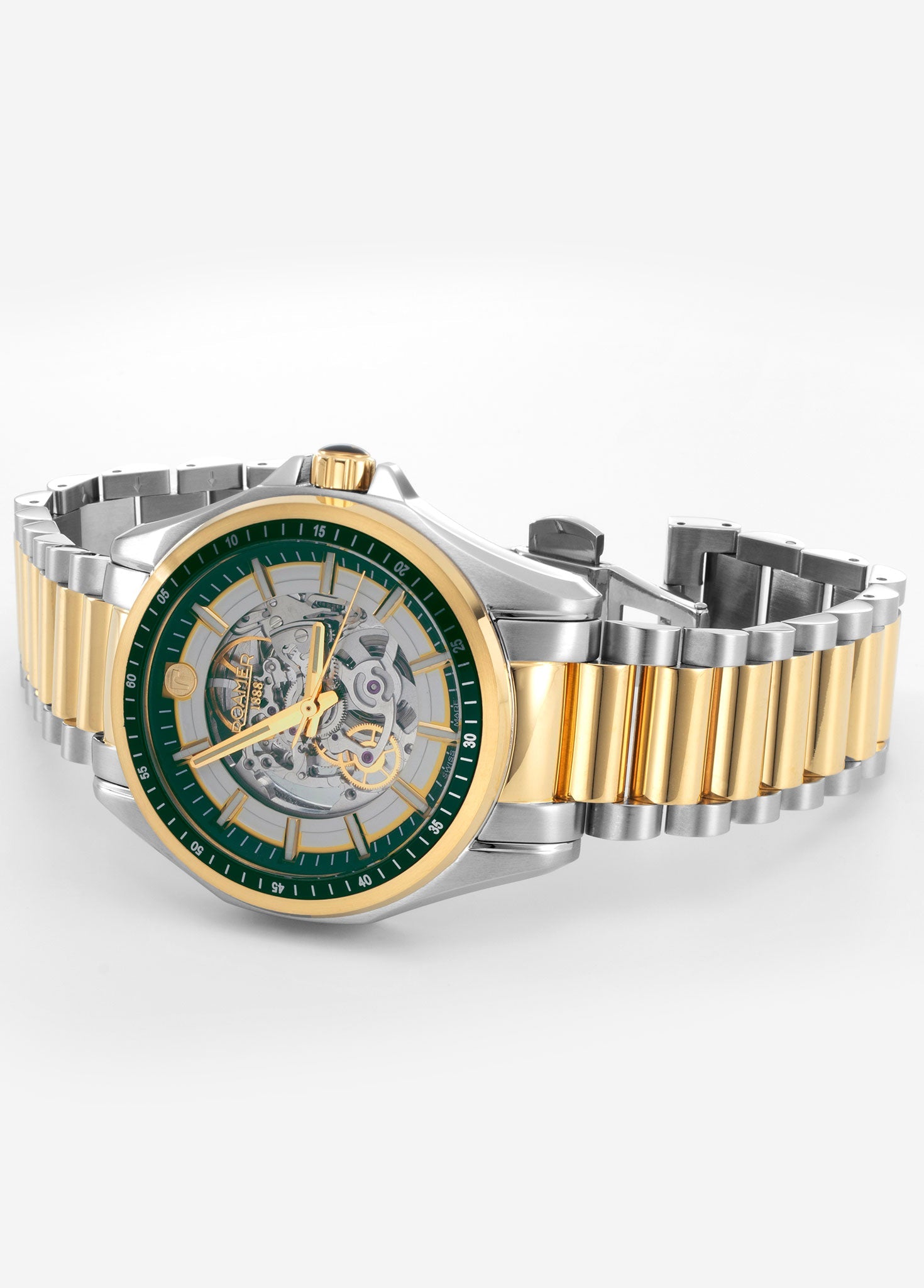 Roamer Rockshell Mark III Skeleton Green Dial – Swiss Made Soprod P024SK Automatic, 44mm Stainless Steel & Gold Case, Sapphire Crystal, 10 ATM Water Resistance