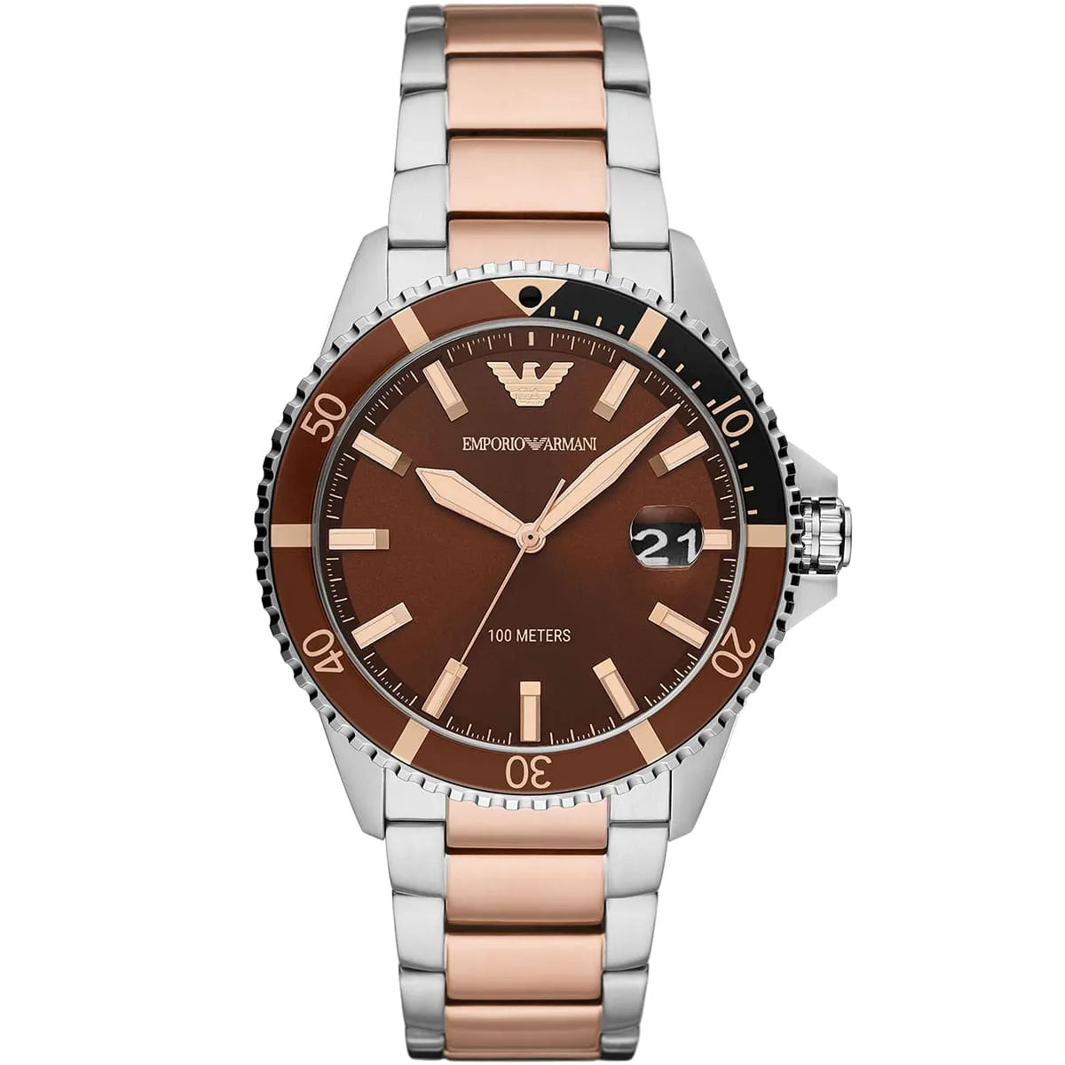 Emporio Armani AR11340 Diver 42mm Brown Dial Two-Tone Stainless Steel Men's Watch