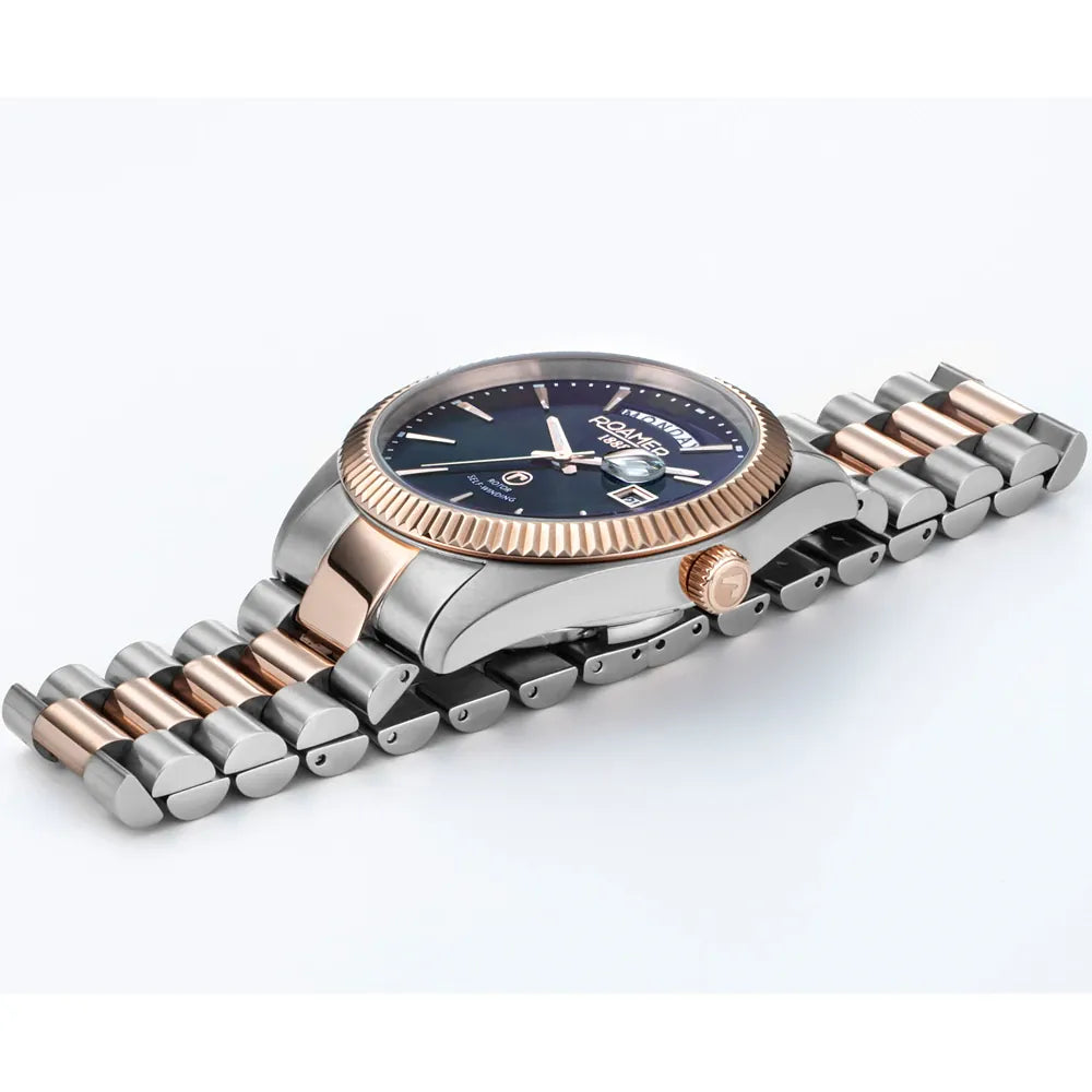 Roamer Primeline Daydate 42mm Men's Swiss Automatic Watch – Blue Dial, Rose Gold Hands, Stainless Steel Case, Sapphire Glass, 41-Hour Power Reserve
