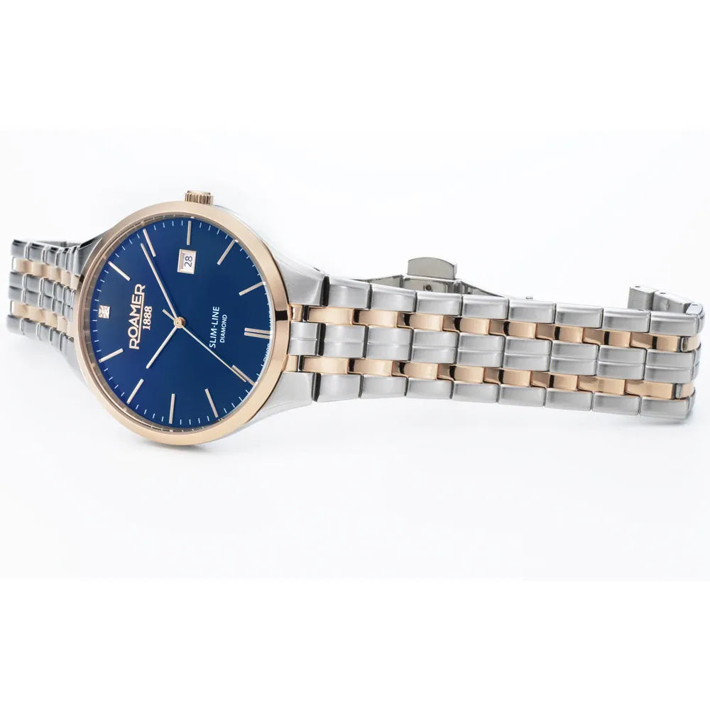 Roamer Slim-Line Diamond 40 mm Men's Battery Watch – Swiss Made, Silver Stainless Steel, Blue Dial, Bicolor Rose Metal Strap, Sapphire Crystal, 5ATM Water Resistance