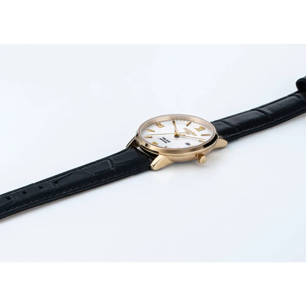 Roamer Valais 32 mm Ladies Battery Watch – Swiss Made, Gold Stainless Steel, Sapphire Crystal, Black Leather Strap, 5ATM Water Resistance