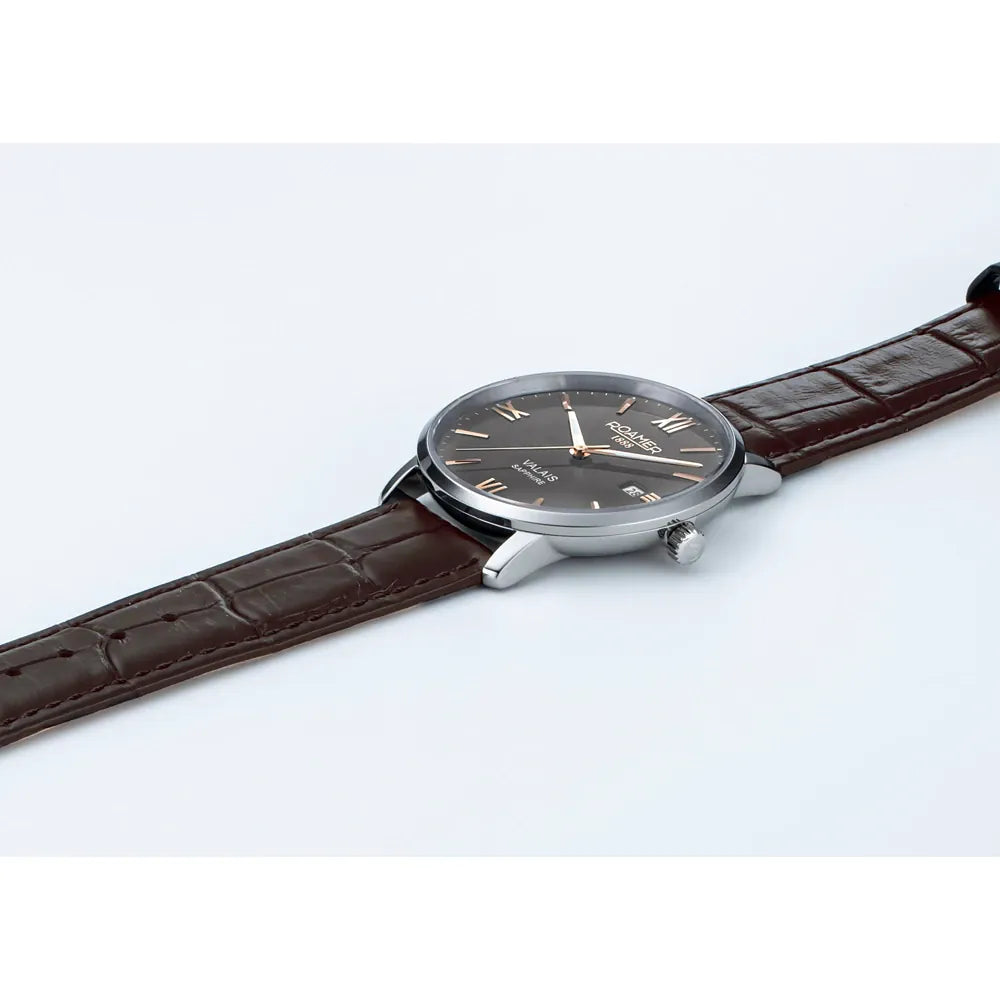 Roamer Valais 39 mm Men's Battery Watch – Swiss Made, Silver Stainless Steel, Sapphire Crystal, Grey Dial, Brown Leather Strap, 5ATM Water Resistance
