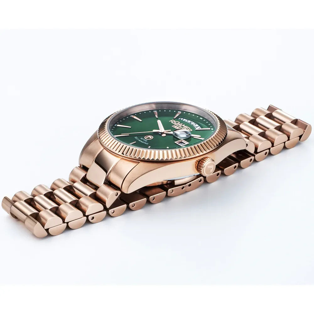 Roamer Primeline Daydate II 42 mm Men's Automatic Watch – Rose-Gold Tone Stainless Steel, Green Dial, Sapphire Crystal, 5 ATM Water Resistance