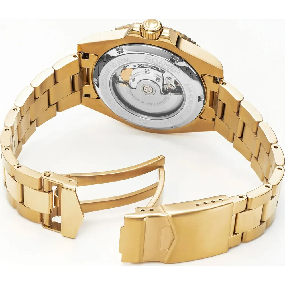 Roamer Premier 42mm Men's Swiss Automatic Watch – Gold Stainless Steel Case, Black Dial, Sapphire Crystal, 20 Bar Water Resistance