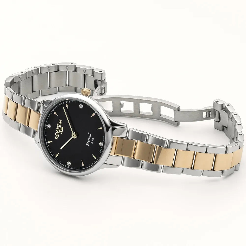 Roamer Eternal 30 mm Ladies Battery Watch – Swiss Made, Black Dial with Gold Hands, Bicolor Stainless Steel Link Bracelet, Anti-Reflective Sapphire Glass, 5 Bar Water Resistance