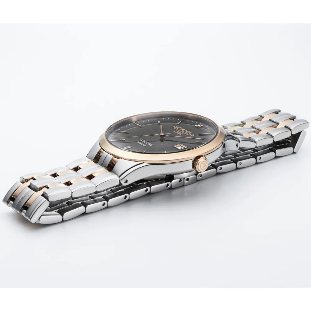 Roamer Slim-Line Diamond 40 mm Men's Battery Watch – Swiss Made, Silver Stainless Steel, Bicolor Rose Metal Strap, Sapphire Crystal, 5ATM Water Resistance