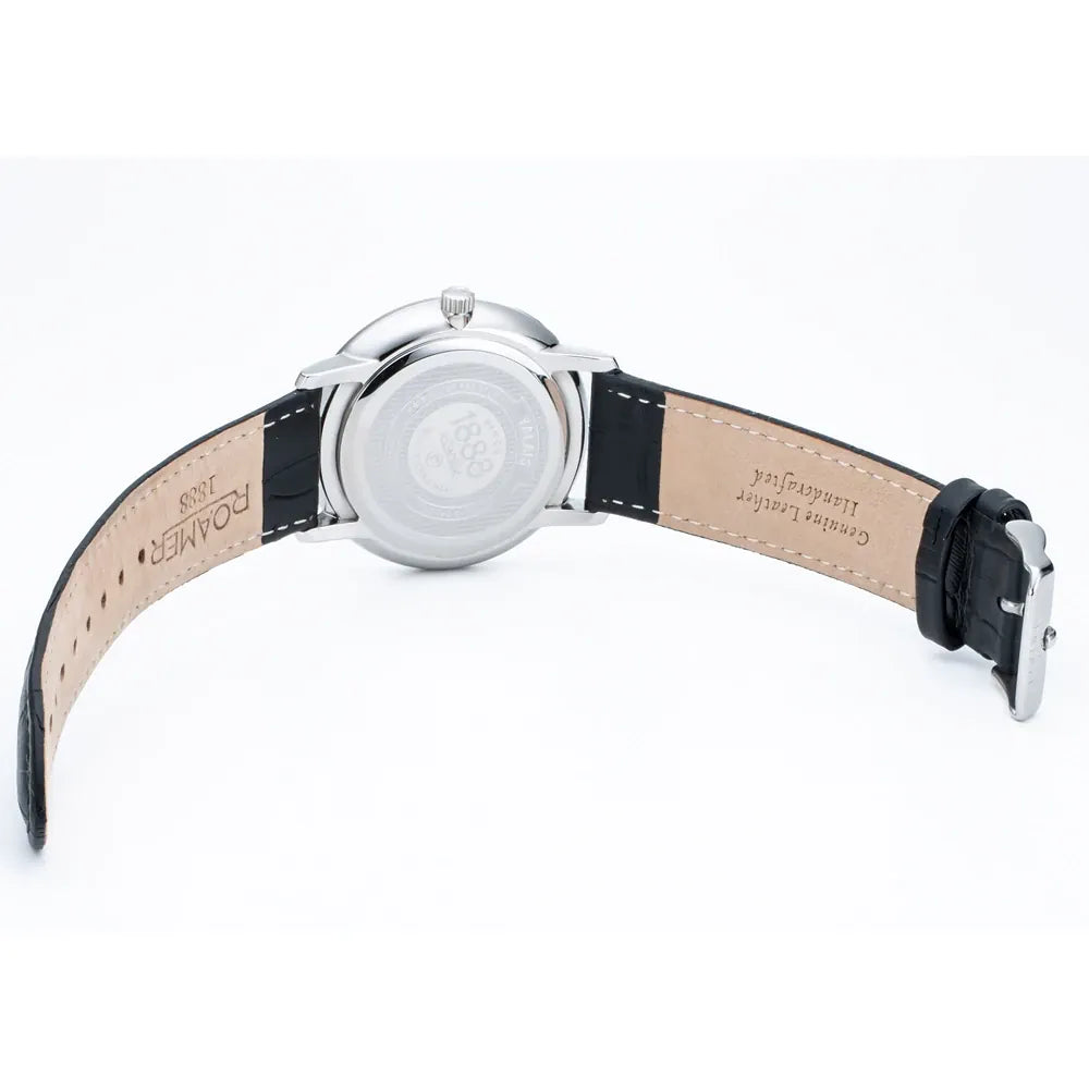 Roamer Valais 39 mm Men's Battery Watch – Swiss Made, Silver Stainless Steel, Sapphire Crystal, Silver Dial, Black Leather Strap, 5ATM Water Resistance