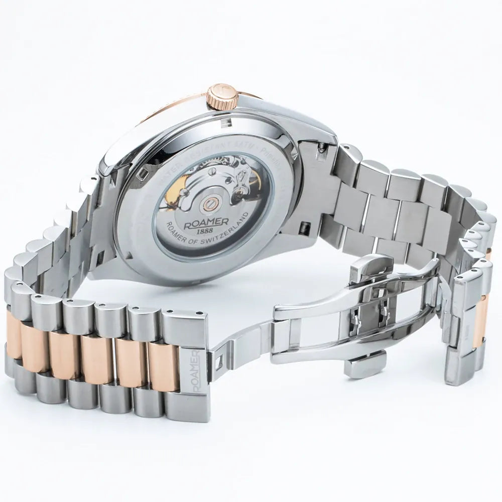 Roamer Primeline Daydate 42mm Men's Swiss Automatic Watch – Blue Dial, Rose Gold Hands, Stainless Steel Case, Sapphire Glass, 41-Hour Power Reserve