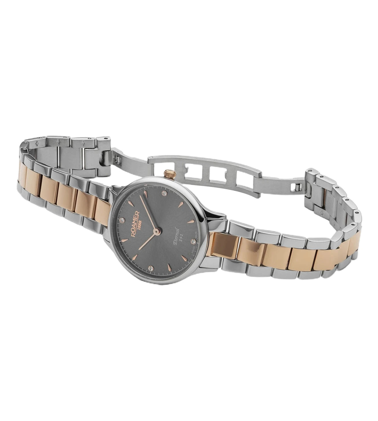 Roamer Eternal 30 mm Ladies Battery Watch – Swiss Made, Grey Dial with Rose Gold Hands, Bicolor Rose Stainless Steel Strap, Sapphire Glass, 5 Bar Water Resistance