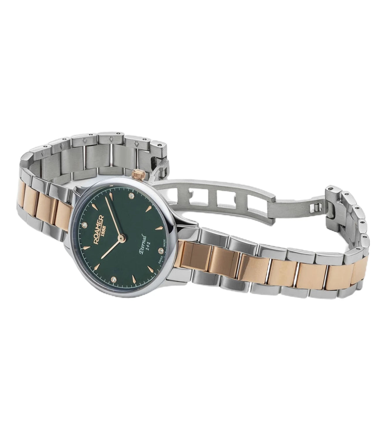 Roamer Eternal 30 mm Ladies Battery Watch – Swiss Made, Green Dial with Crystals, Stainless Steel Multi-Color Strap, Sapphire Glass, 50m Water Resistance