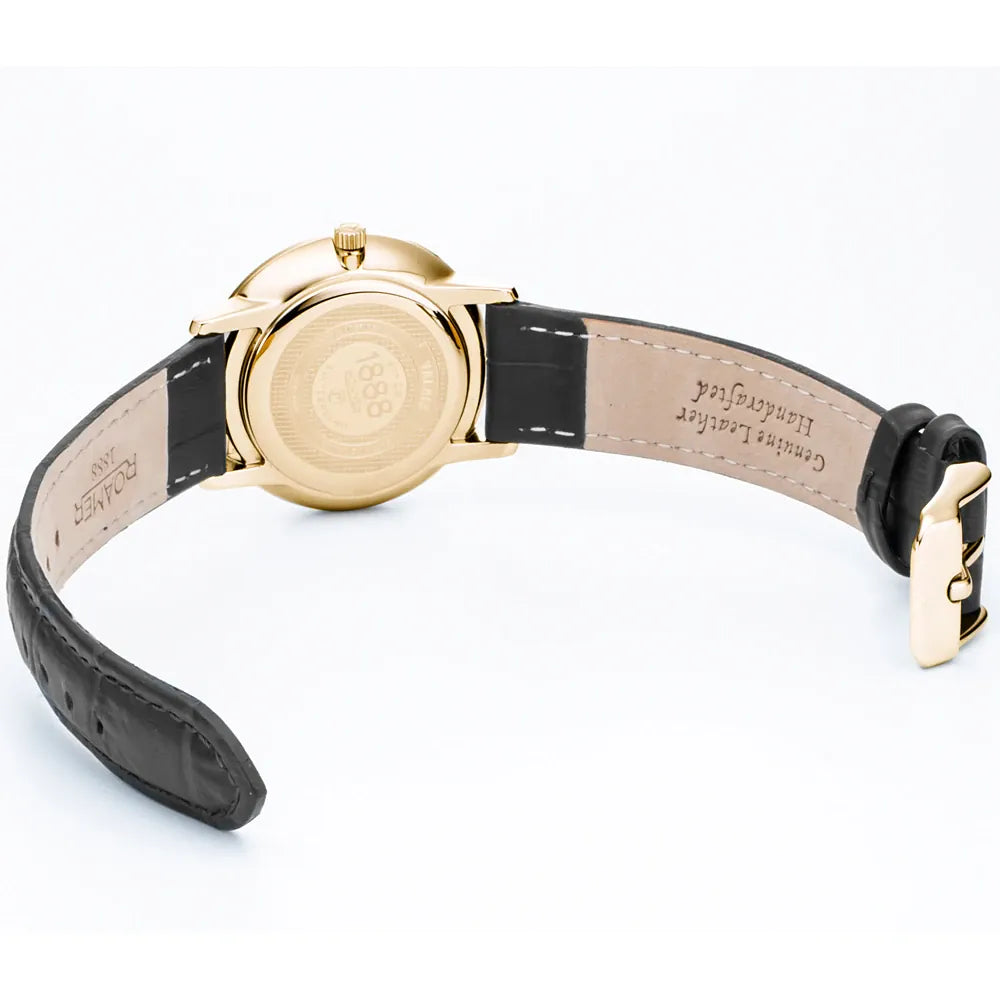 Roamer Valais 32 mm Ladies Battery Watch – Swiss Made, Gold Stainless Steel, Sapphire Crystal, Black Leather Strap, 5ATM Water Resistance