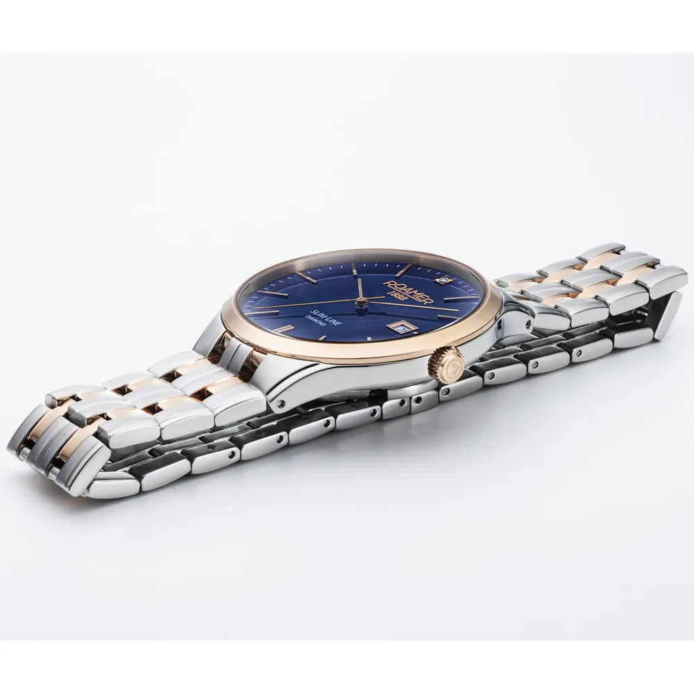 Roamer Slim-Line Diamond 40 mm Men's Battery Watch – Swiss Made, Silver Stainless Steel, Blue Dial, Bicolor Rose Metal Strap, Sapphire Crystal, 5ATM Water Resistance