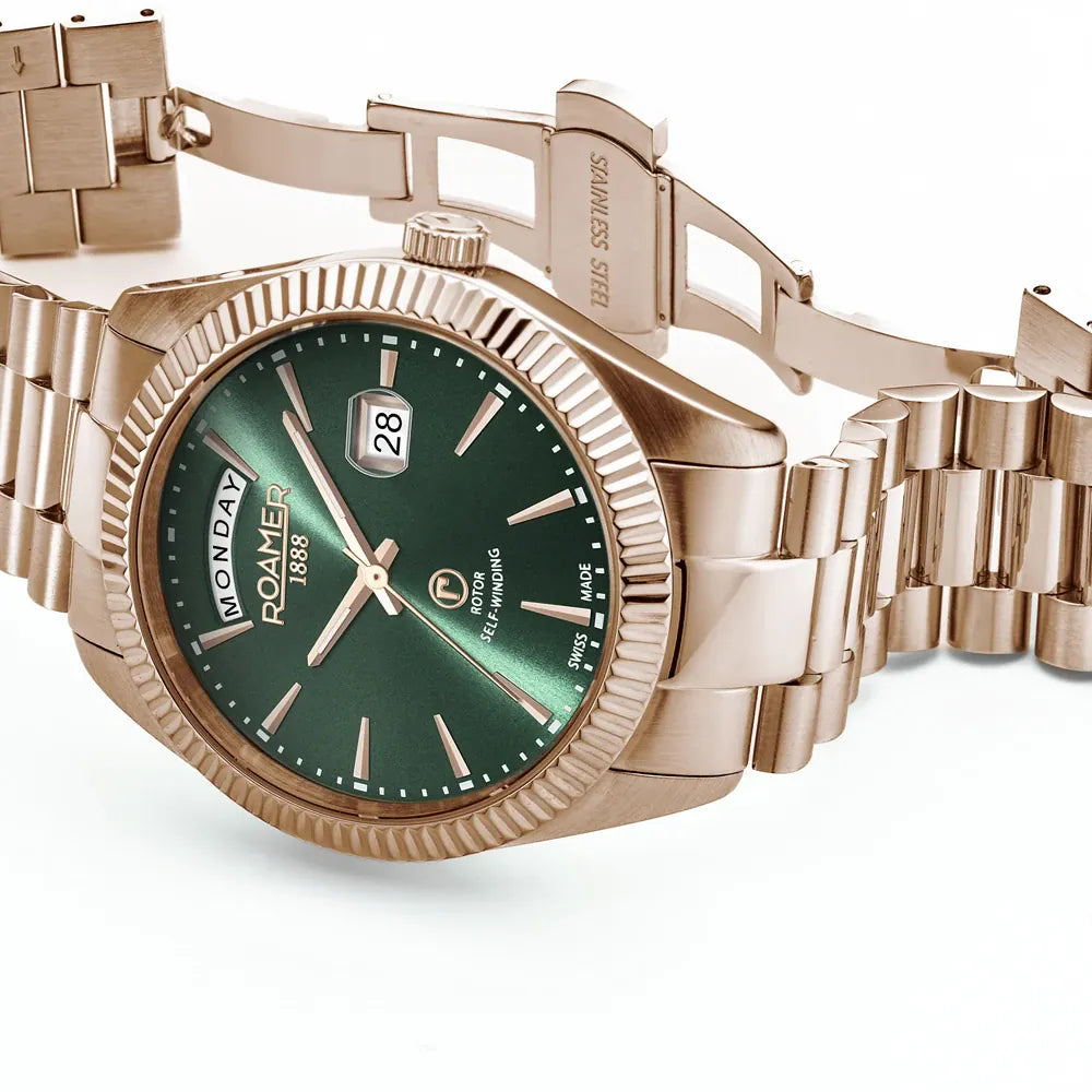 Roamer Primeline Daydate II 42 mm Men's Automatic Watch – Rose-Gold Tone Stainless Steel, Green Dial, Sapphire Crystal, 5 ATM Water Resistance