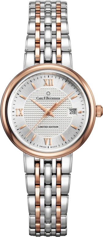 Carl F. Bucherer Adamavi Men's 39mm Quartz Watch 00.10315.07.15.98 – Swiss Quartz Movement, Silver Dial, 18K Rose Gold & Stainless Steel Case & Bracelet, 30m Water Resistance