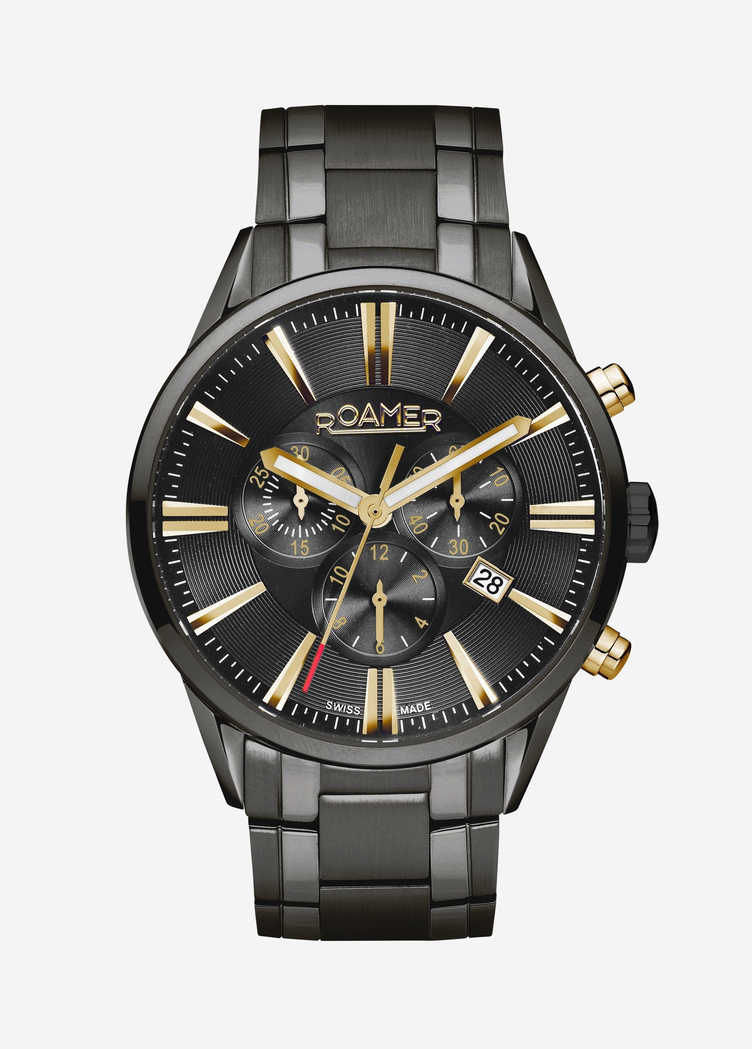 Roamer Superior Chrono 44 mm Men's Watch – Gunmetal Case, Black Dial, Stainless Steel Bracelet, Swiss Quartz Movement