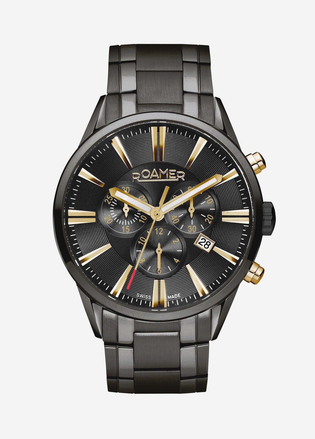 Roamer Superior Chrono 44 mm Men's Watch – Gunmetal Case, Black Dial, Stainless Steel Bracelet, Swiss Quartz Movement