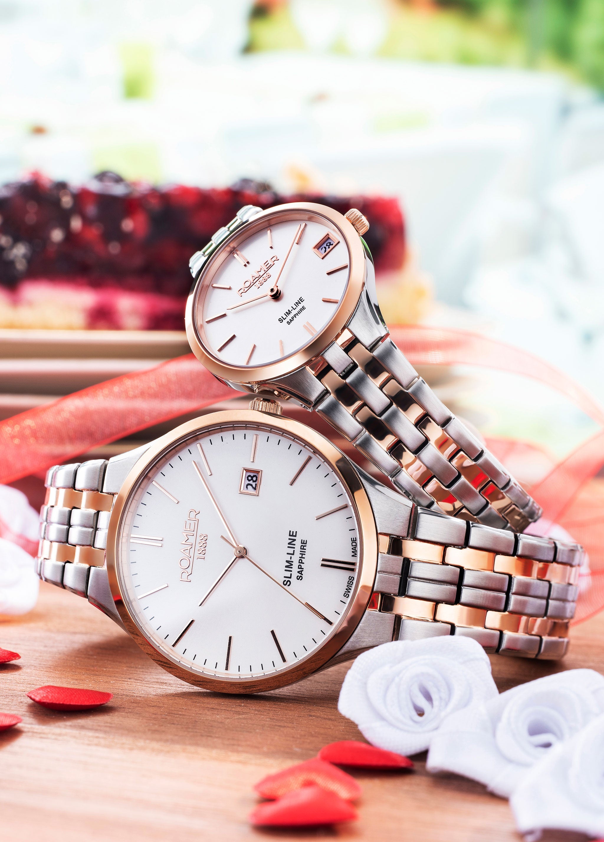 Roamer Slim-Line Classic Ladies Watch – Swiss Made Ronda 704, 30mm Stainless Steel Case, Rose Gold Plated, Silver Dial, Stainless Steel Bracelet