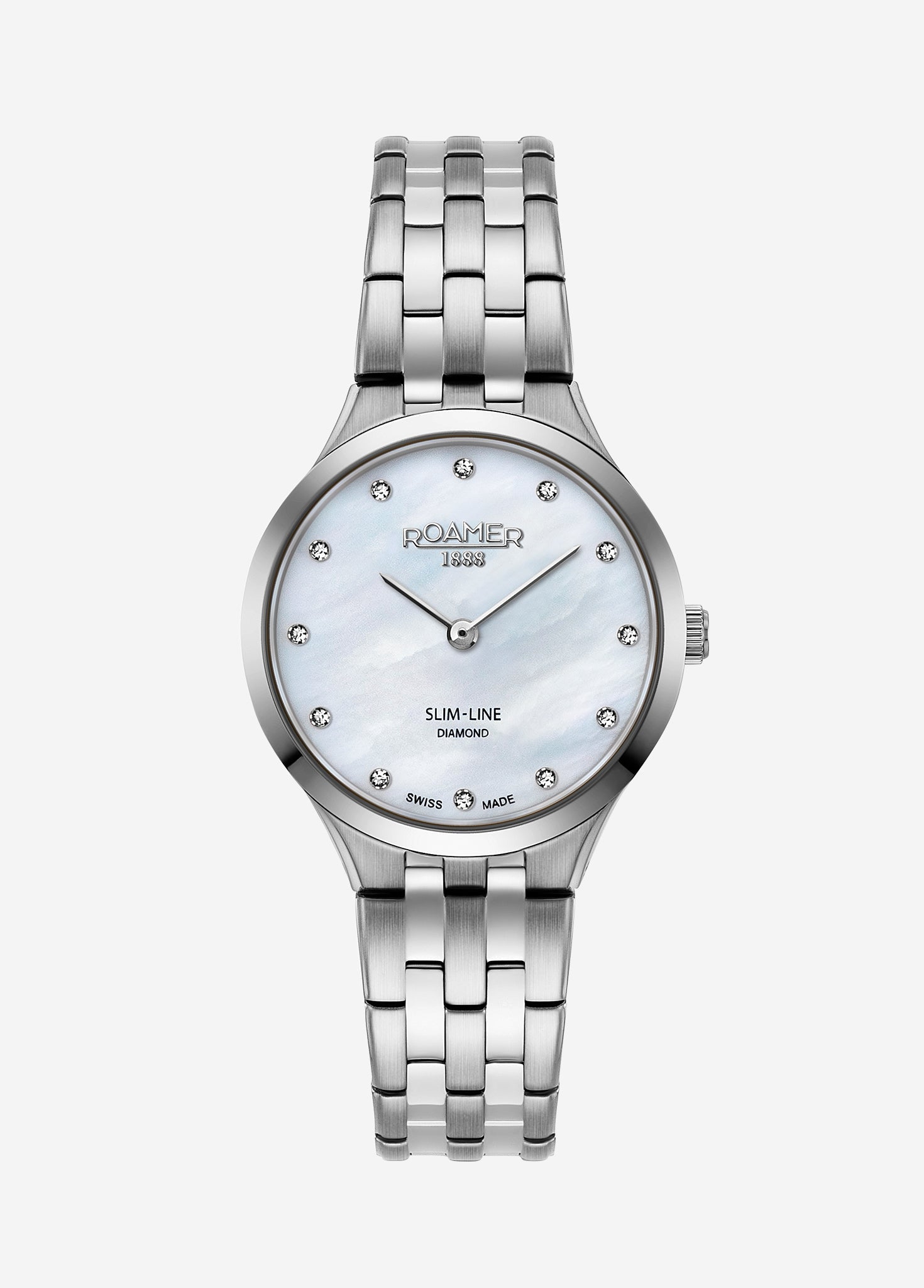 Roamer Slim-Line Diamonds 30 mm Ladies Watch – White MOP Dial, Stainless Steel Bracelet, Swiss Quartz Movement