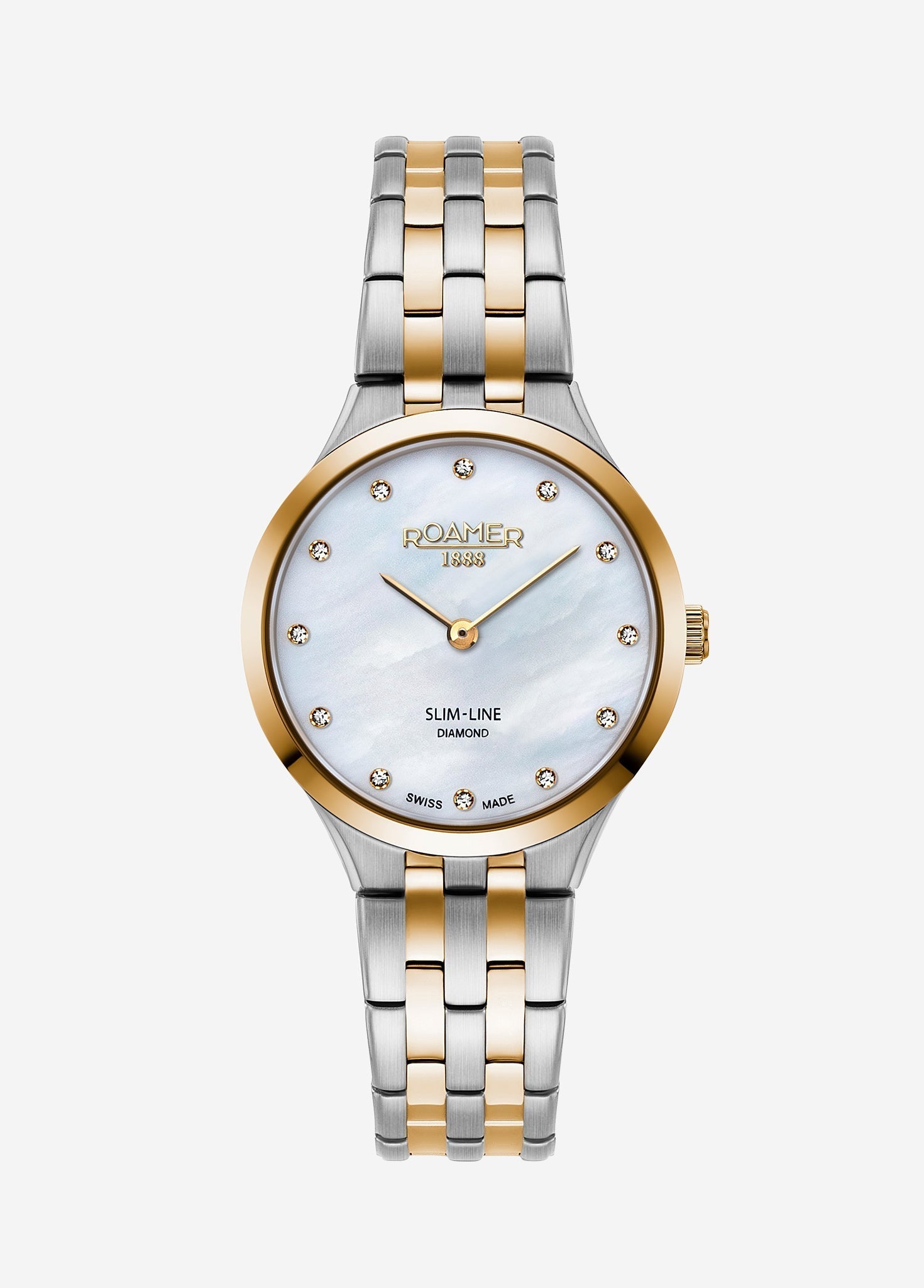Roamer Slim-Line Diamond 30 mm Ladies Watch – White MOP Dial, Stainless Steel & Gold Bracelet, Swiss Quartz Movement