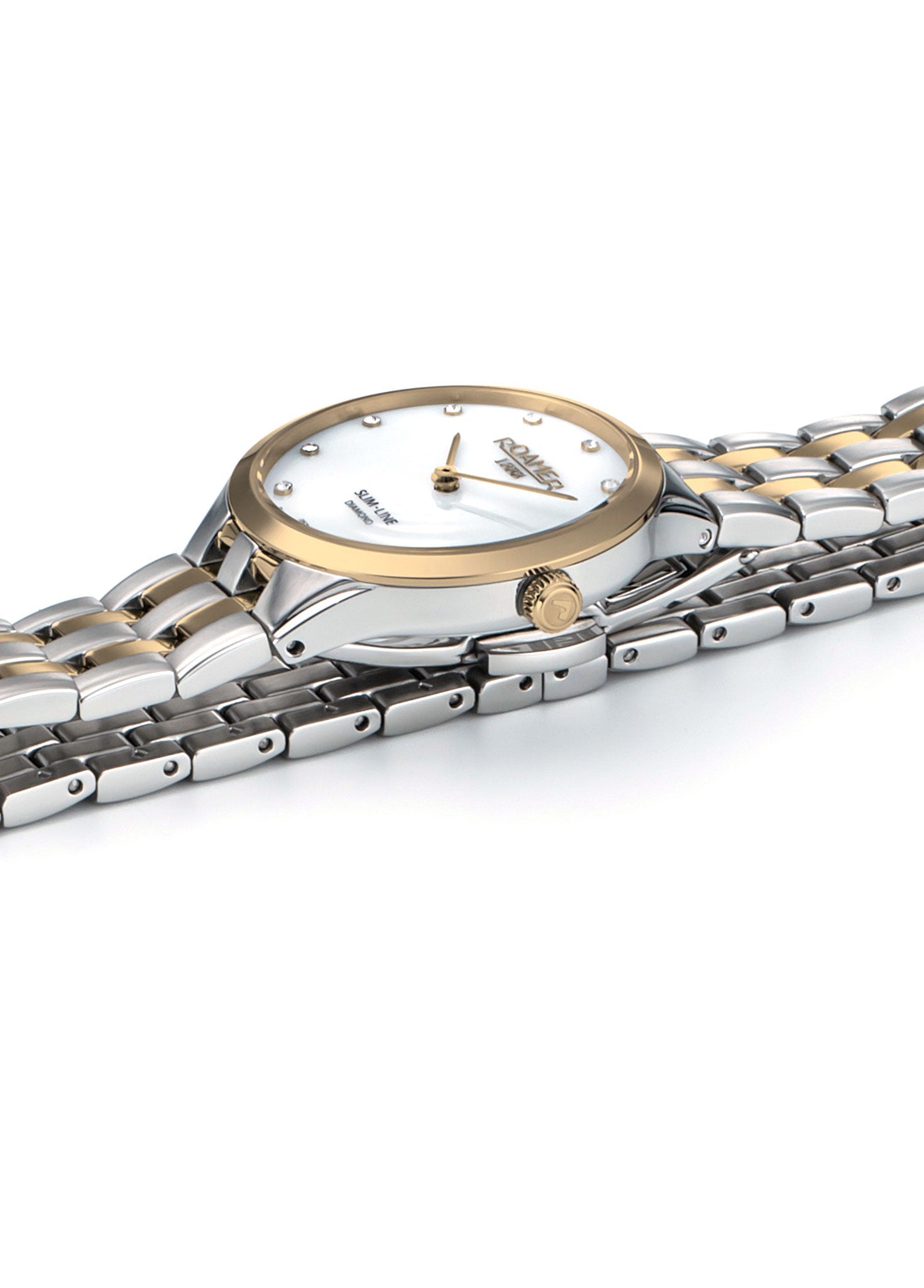 Roamer Slim-Line Diamond 30 mm Ladies Watch – White MOP Dial, Stainless Steel & Gold Bracelet, Swiss Quartz Movement