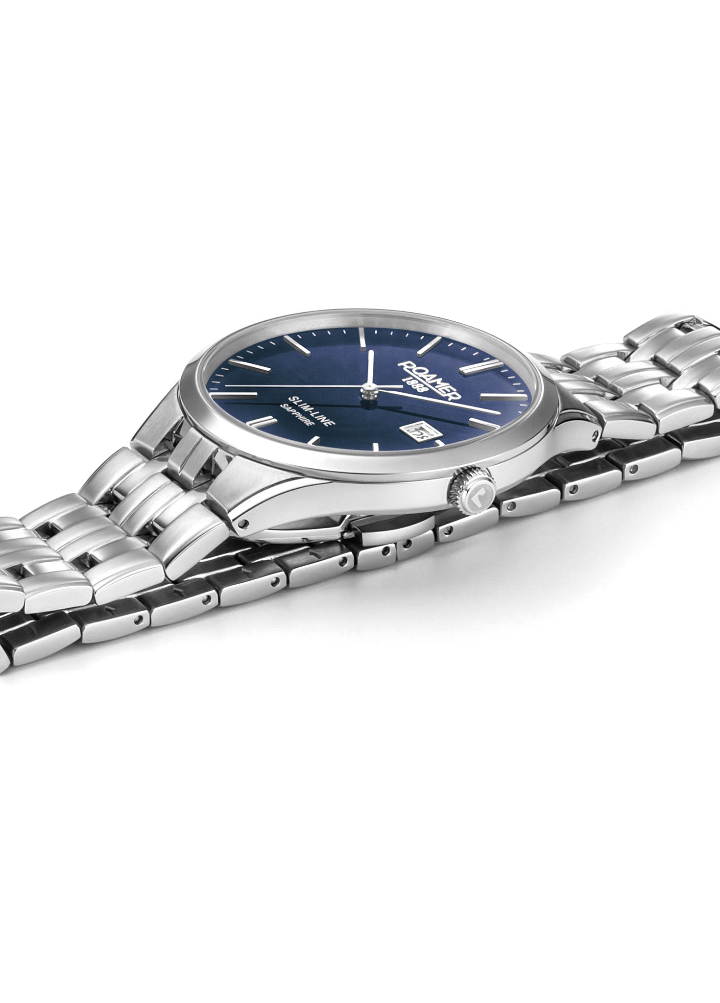 Roamer Slim-Line Classic Ladies Watch – Swiss Made Ronda 704, 30mm Stainless Steel Case, Blue Dial, Silver Bracelet