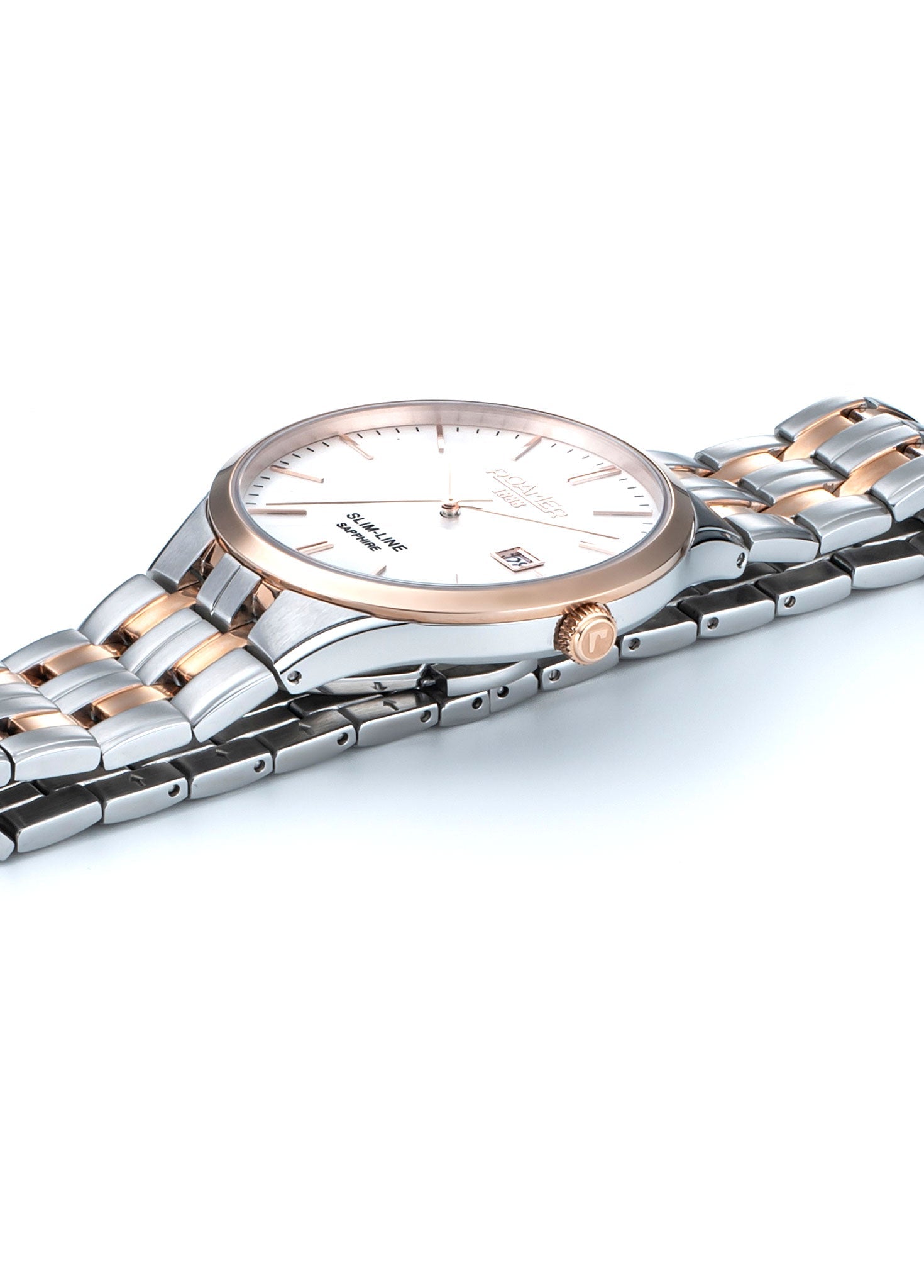 Roamer Slim-Line Classic Ladies Watch – Swiss Made Ronda 704, 30mm Stainless Steel Case, Rose Gold Plated, Silver Dial, Stainless Steel Bracelet