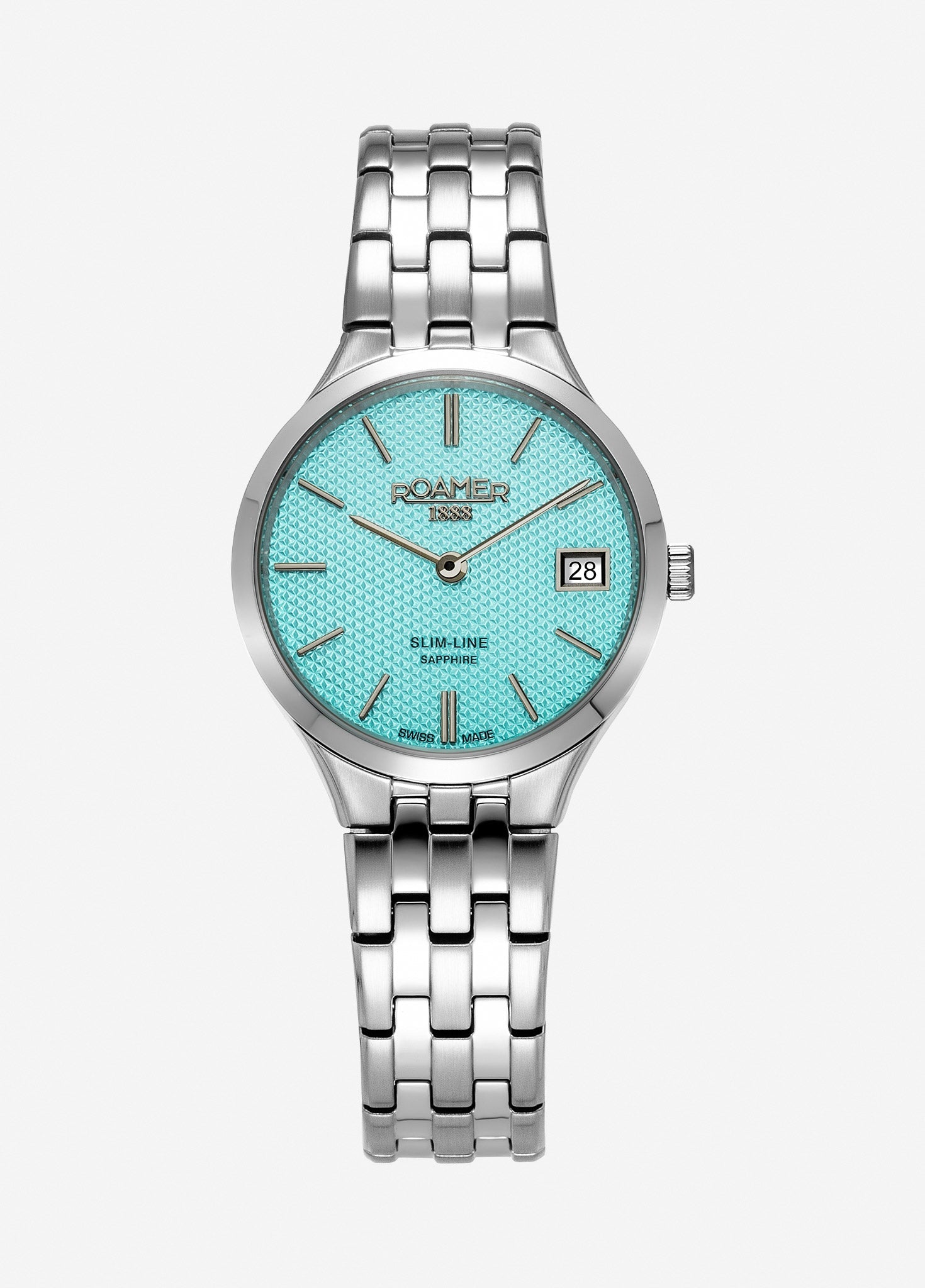 Roamer Slim-Line Classic Ladies Watch – Swiss Made Ronda 704, 30mm Stainless Steel Case, Tiffany Blue Dial, Silver Bracelet