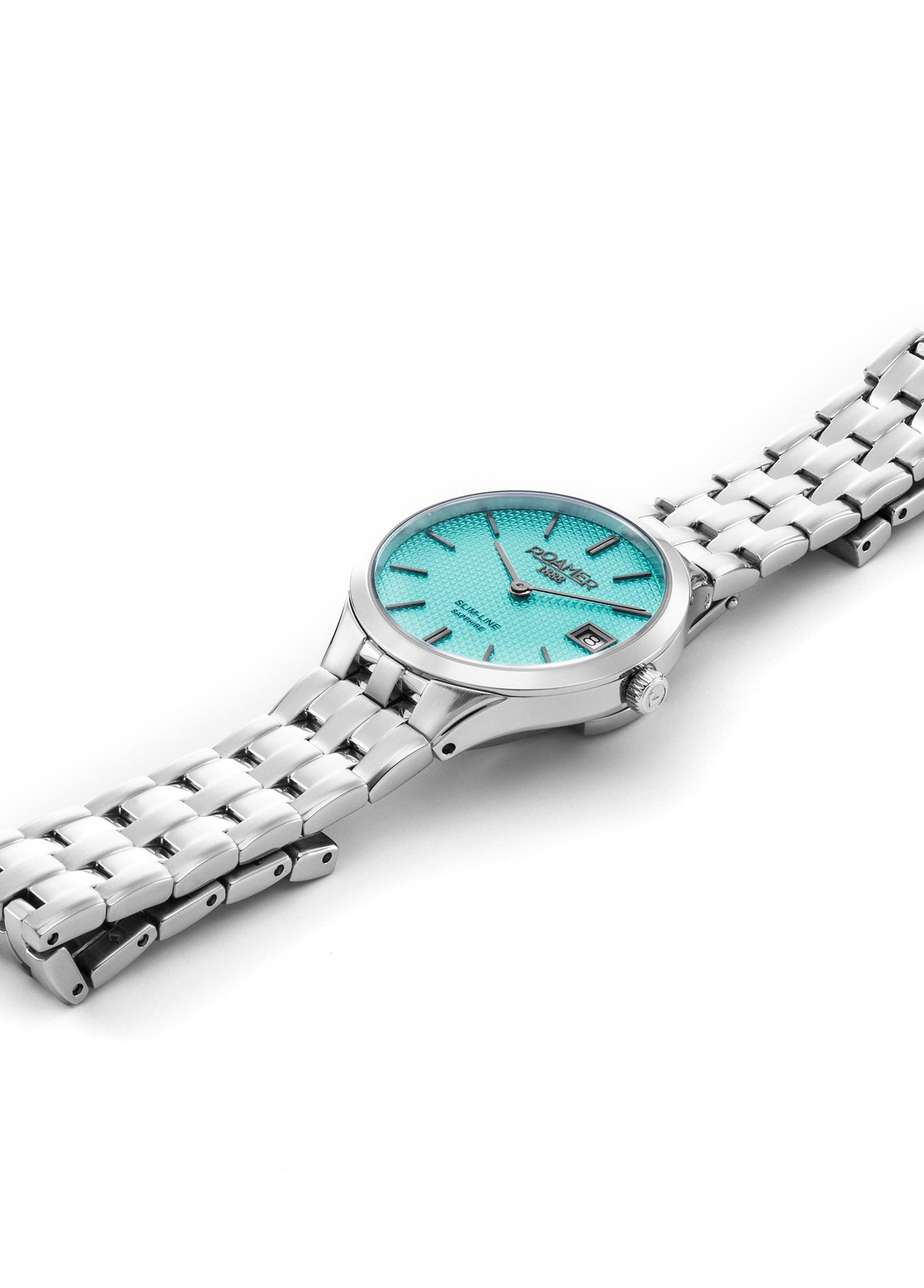 Roamer Slim-Line Classic Ladies Watch – Swiss Made Ronda 704, 30mm Stainless Steel Case, Tiffany Blue Dial, Silver Bracelet