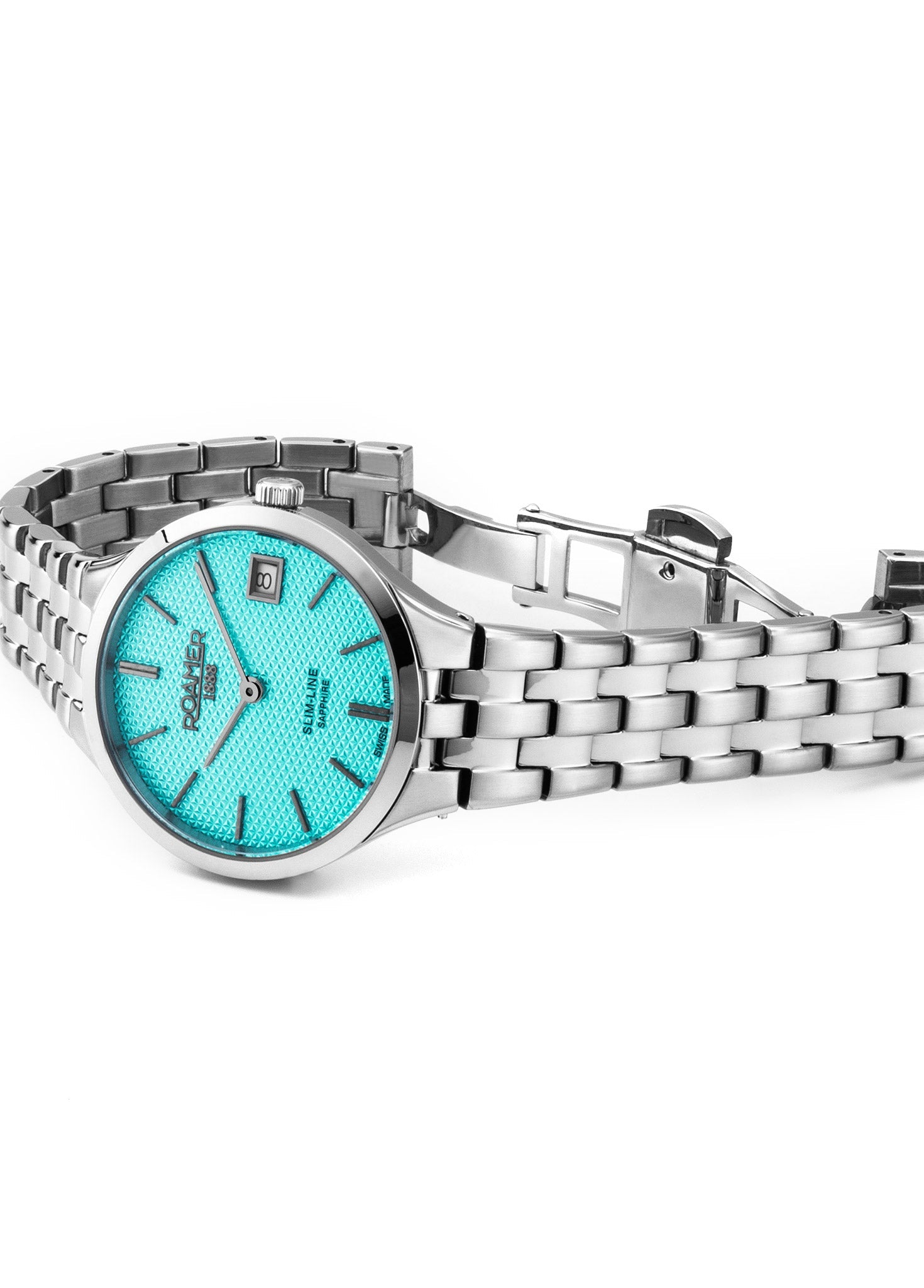 Roamer Slim-Line Classic Ladies Watch – Swiss Made Ronda 704, 30mm Stainless Steel Case, Tiffany Blue Dial, Silver Bracelet