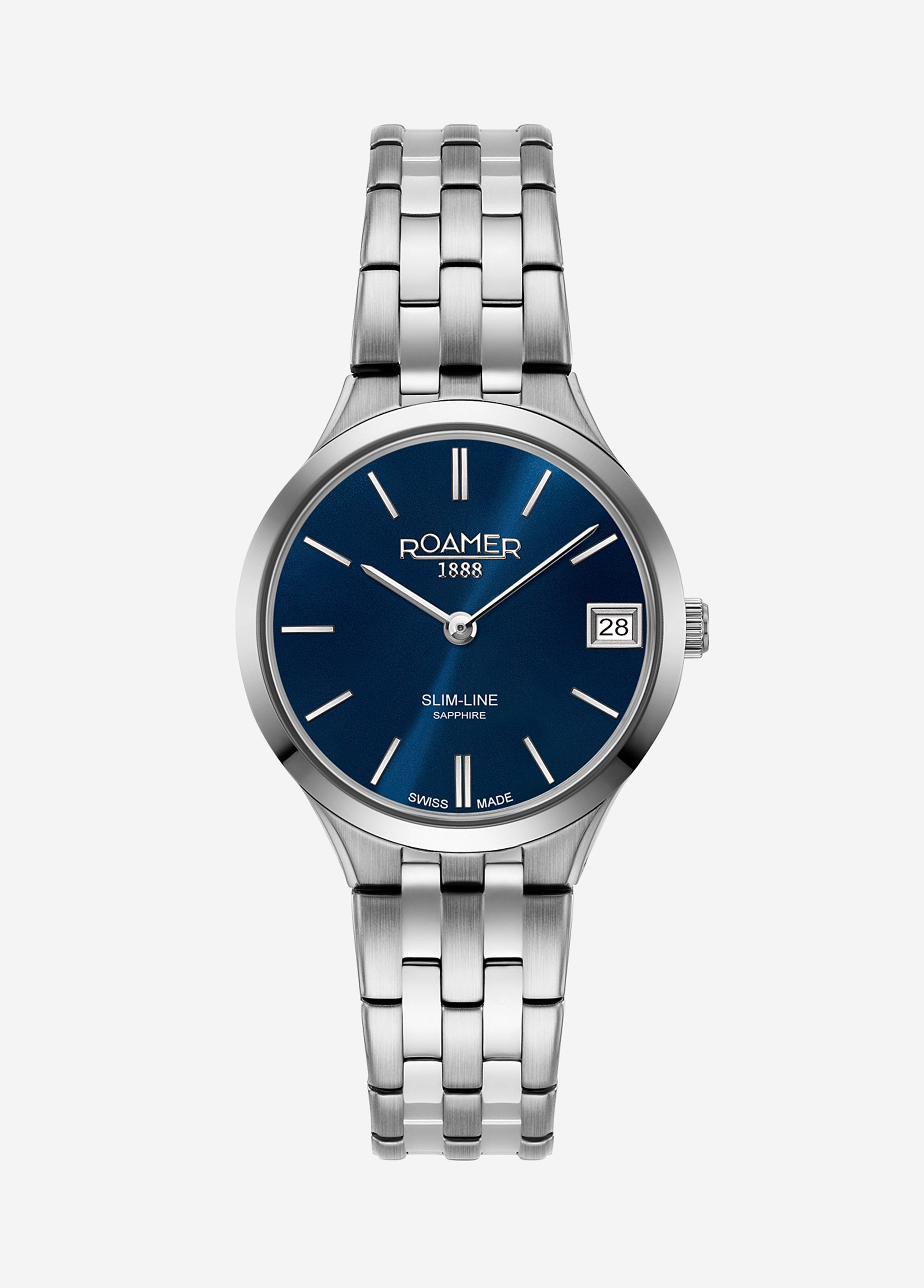 Roamer Slim-Line Classic Ladies Watch – Swiss Made Ronda 704, 30mm Stainless Steel Case, Blue Dial, Silver Bracelet