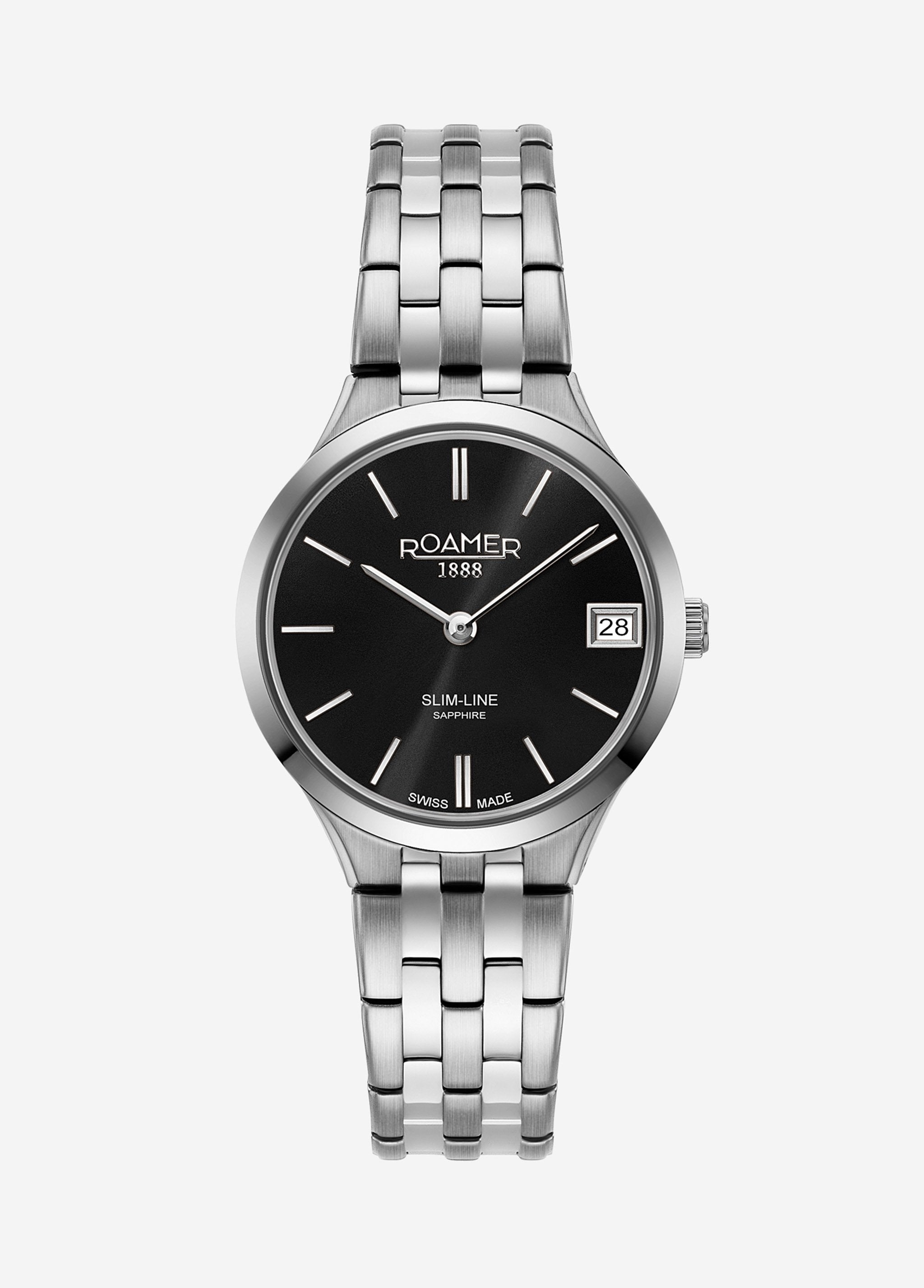 Roamer Slim-Line Classic Ladies Watch – Swiss Made Ronda 704, 30mm Stainless Steel Case, Black Dial, Silver Bracelet