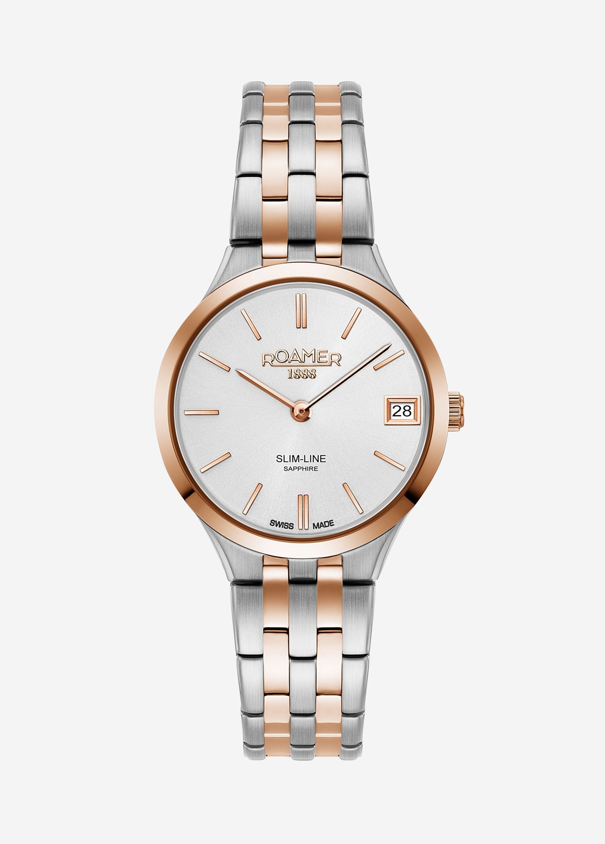 Roamer Slim-Line Classic Ladies Watch – Swiss Made Ronda 704, 30mm Stainless Steel Case, Rose Gold Plated, Silver Dial, Stainless Steel Bracelet
