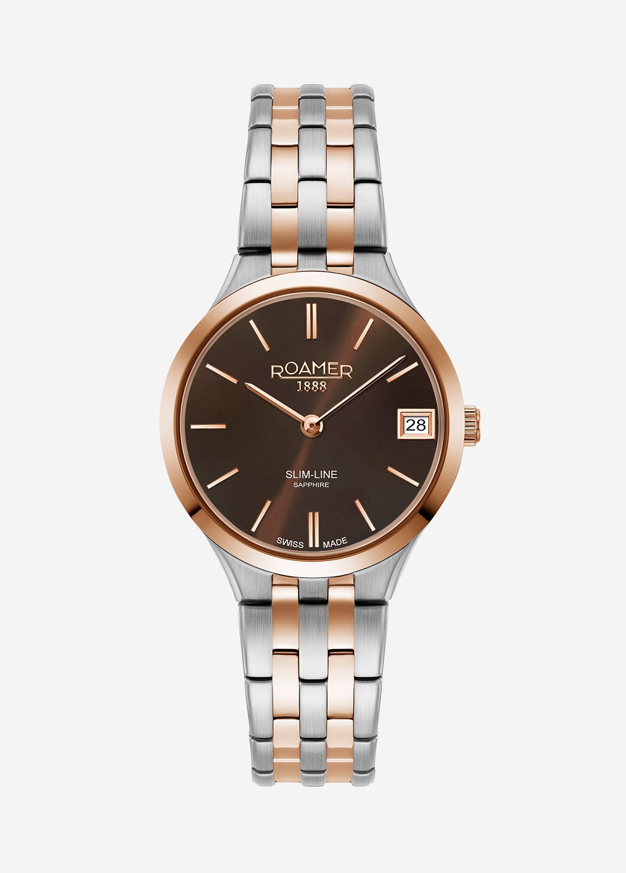 Roamer Slim-Line Classic Ladies Watch – Swiss Made Ronda 704, 30mm Stainless Steel Case, Rose Gold Plated, Brown Dial, Stainless Steel Bracelet