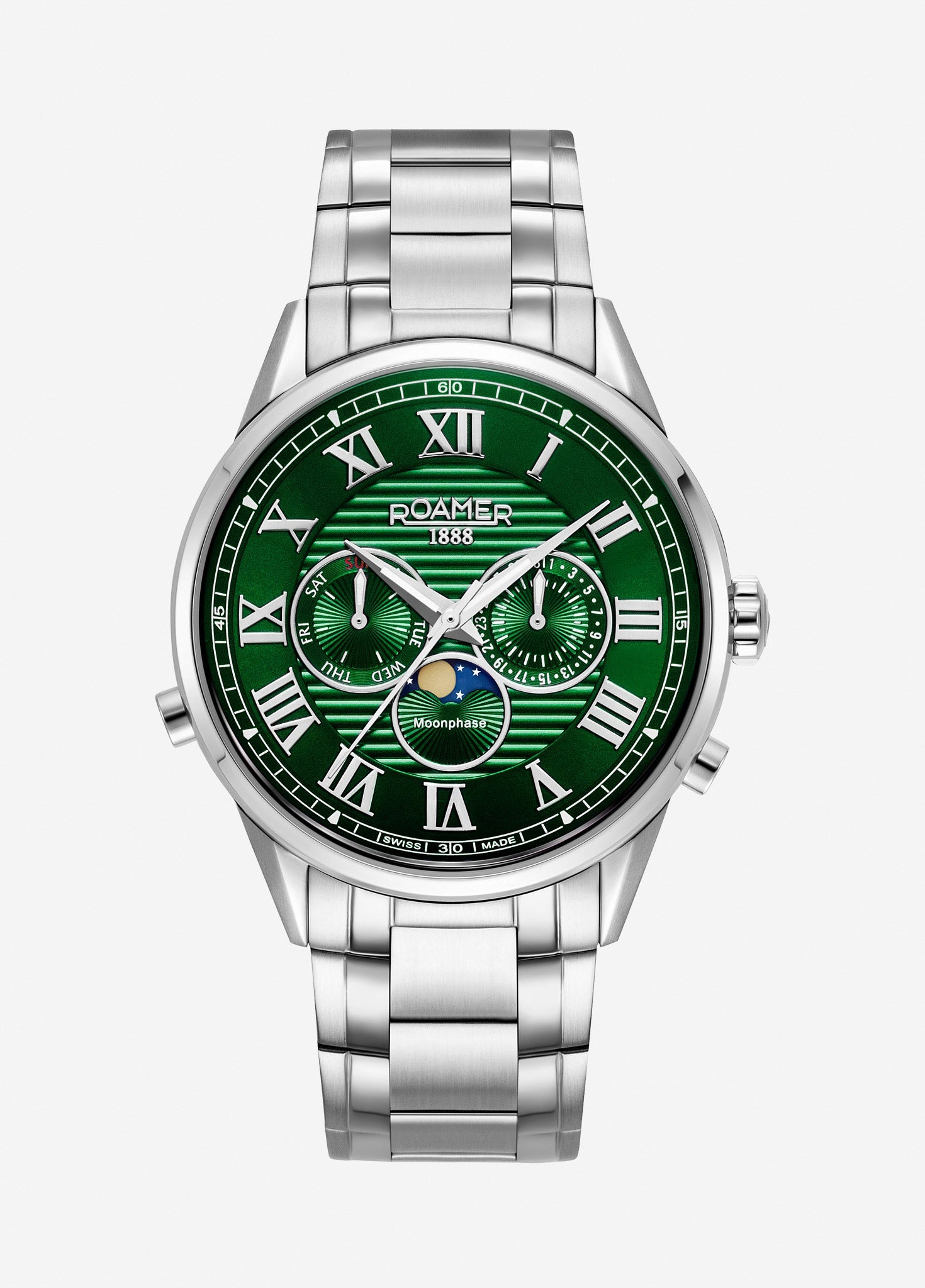 Roamer Superior Moonphase Men's Watch – Swiss Made Ronda 706.1 Movement, Moonphase Dial, Day-Date Sub-dials, 43mm Stainless Steel Case, Green Dial