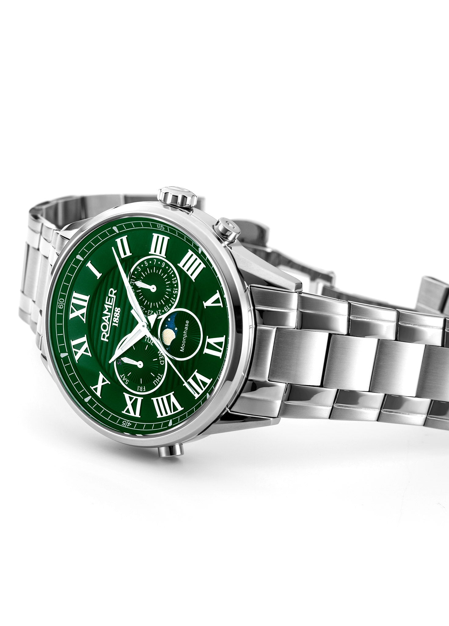 Roamer Superior Moonphase Men's Watch – Swiss Made Ronda 706.1 Movement, Moonphase Dial, Day-Date Sub-dials, 43mm Stainless Steel Case, Green Dial