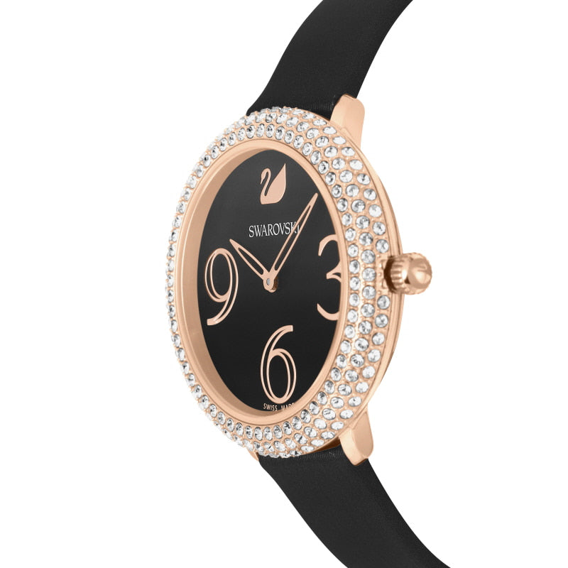 Swarovski Crystal Frost Black Dial Watch – Rose Gold PVD Case & Black Leather Strap | Swiss Made Women's Timepiece