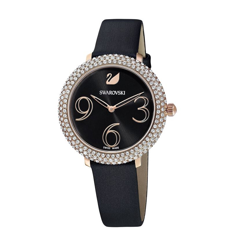 Swarovski Crystal Frost Black Dial Watch – Rose Gold PVD Case & Black Leather Strap | Swiss Made Women's Timepiece