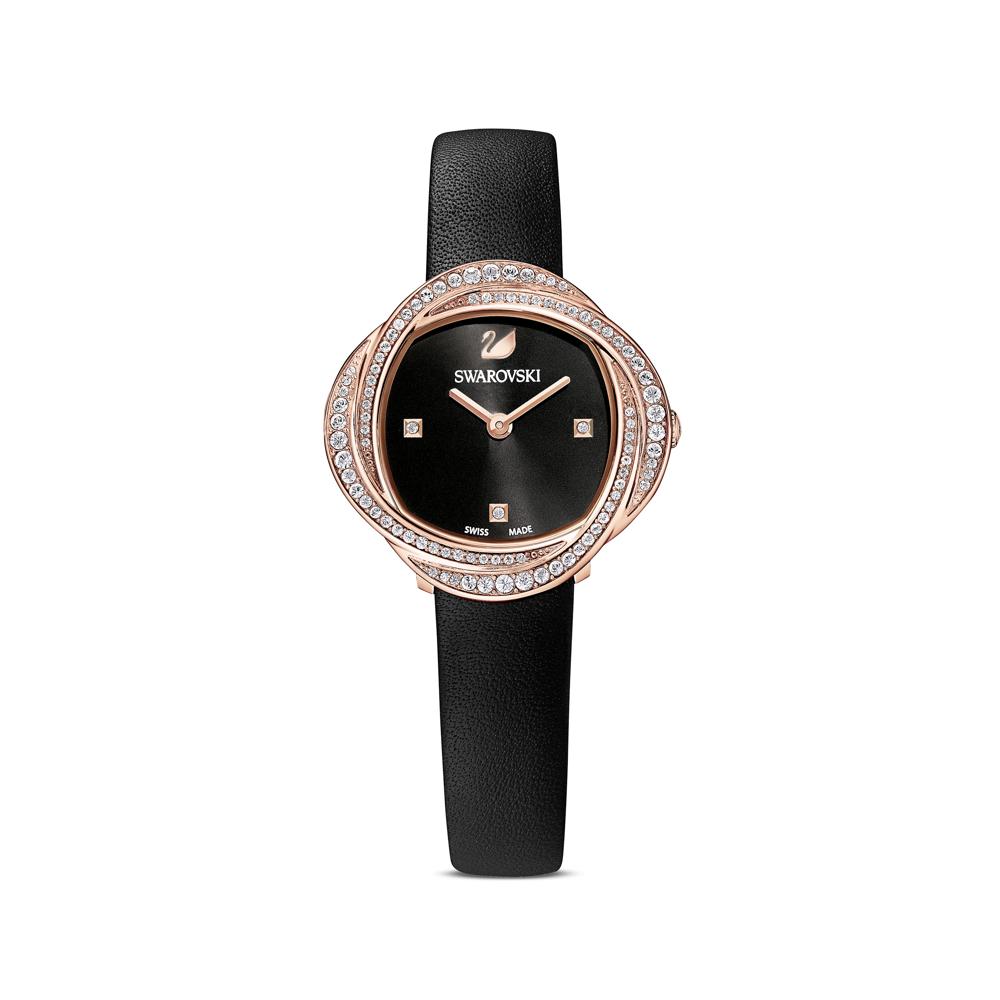 Swarovski Crystal Flower Automatic Watch – Black Dial & Leather Strap | Swiss-Made Women's Timepiece
