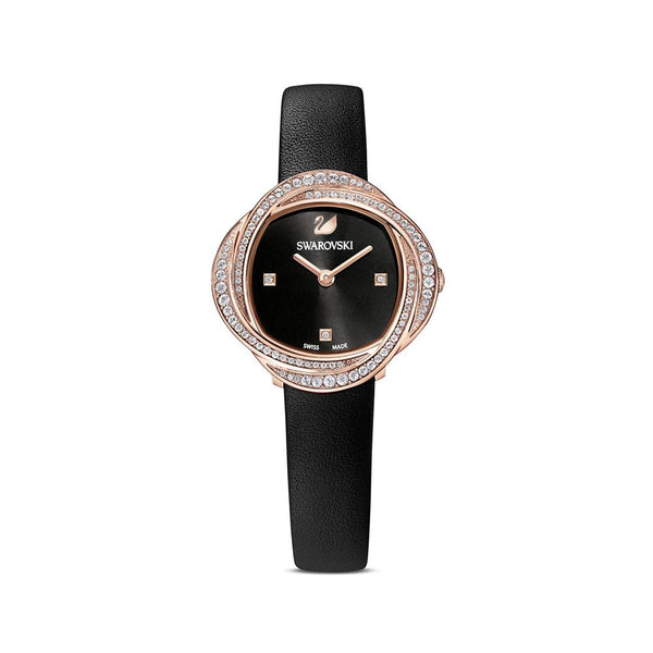 Swarovski Crystal Flower Automatic Watch – Black Dial & Leather Strap | Swiss-Made Women's Timepiece