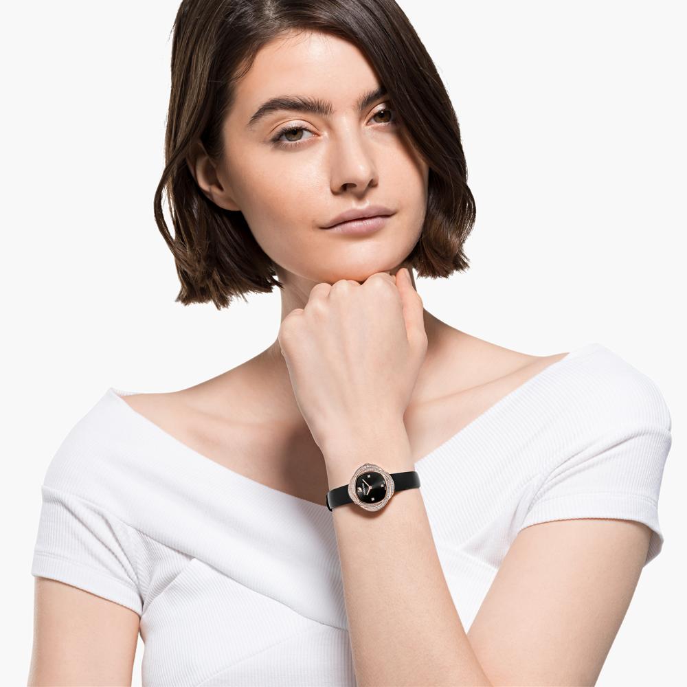Swarovski Crystal Flower Automatic Watch – Black Dial & Leather Strap | Swiss-Made Women's Timepiece