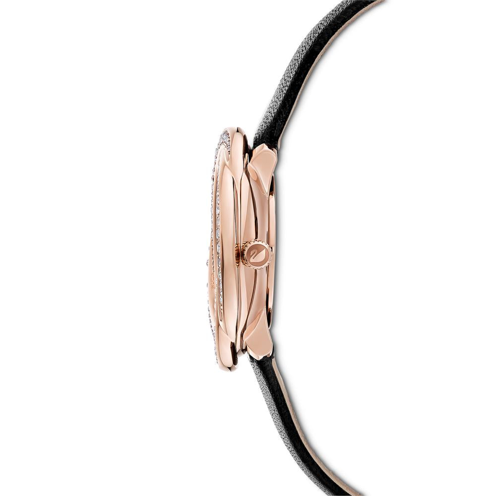 Swarovski Crystal Flower Automatic Watch – Black Dial & Leather Strap | Swiss-Made Women's Timepiece