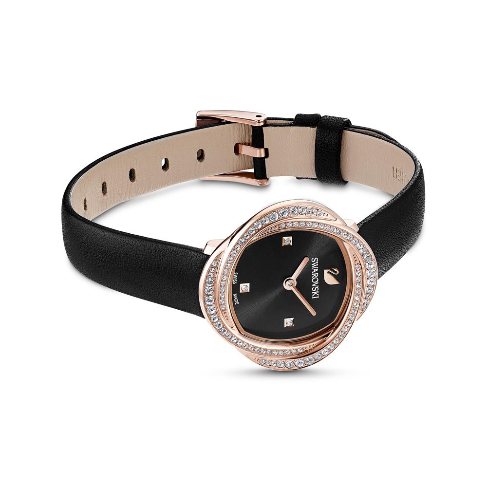 Swarovski Crystal Flower Automatic Watch – Black Dial & Leather Strap | Swiss-Made Women's Timepiece