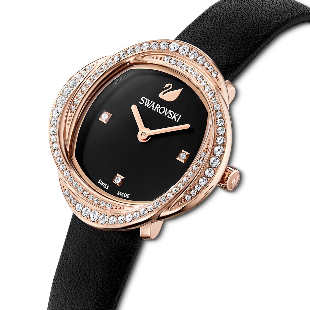 Swarovski Crystal Flower Automatic Watch – Black Dial & Leather Strap | Swiss-Made Women's Timepiece