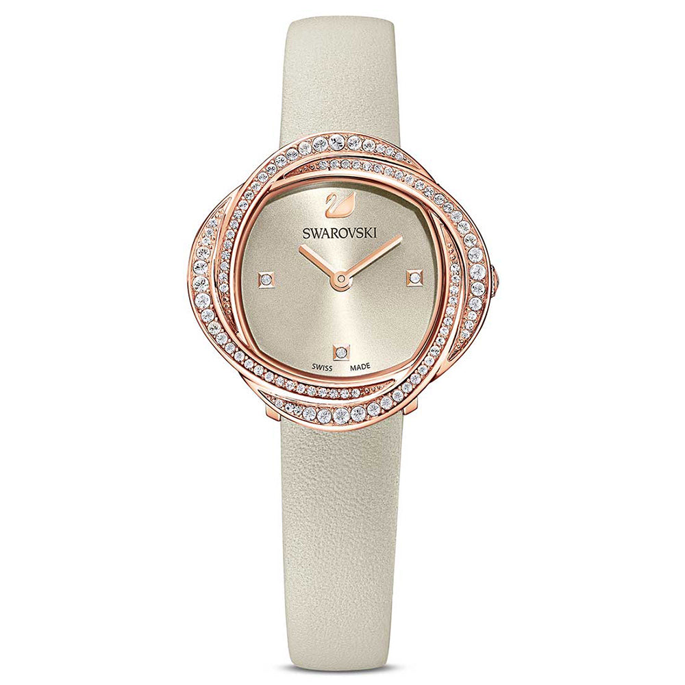 Swarovski Crystal Flower Stainless Steel Swiss Quartz Watch – Grey Leather Strap & White Crystals | Women's Timepiece