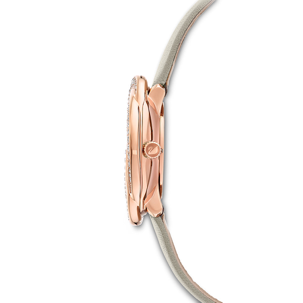 Swarovski Crystal Flower Stainless Steel Swiss Quartz Watch – Grey Leather Strap & White Crystals | Women's Timepiece