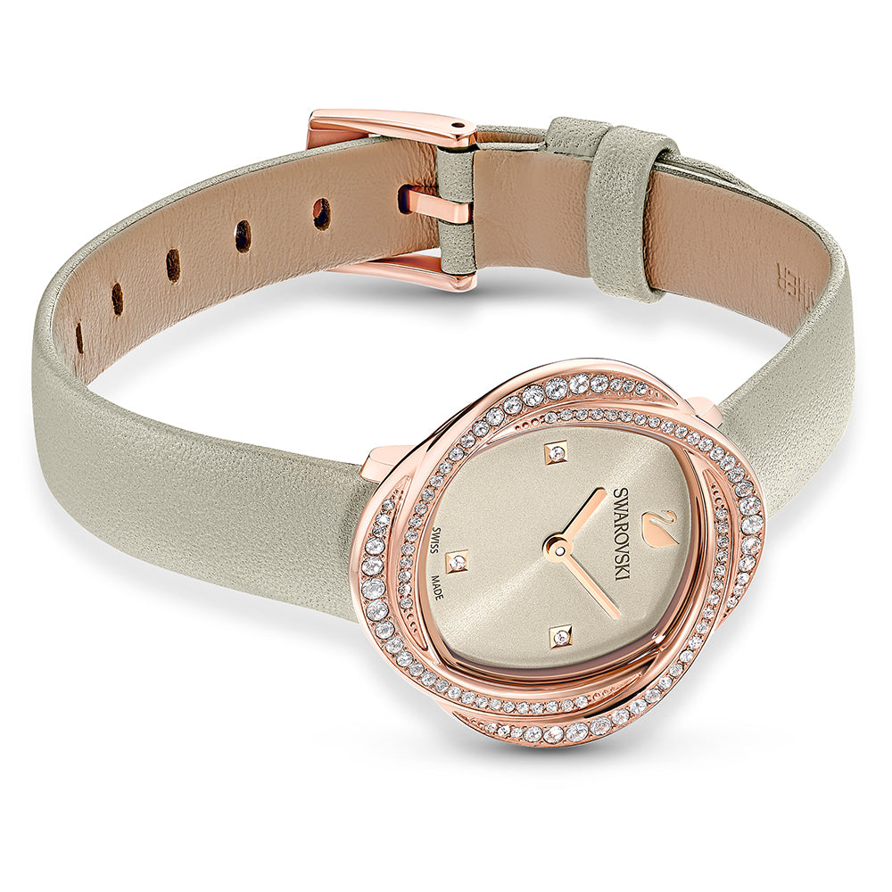 Swarovski Crystal Flower Stainless Steel Swiss Quartz Watch – Grey Leather Strap & White Crystals | Women's Timepiece