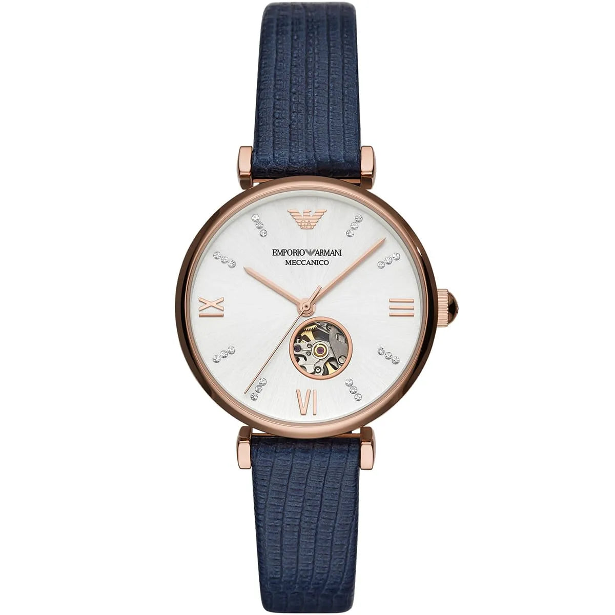 Emporio Armani Silver Dial Blue Leather 34mm Womens Watch